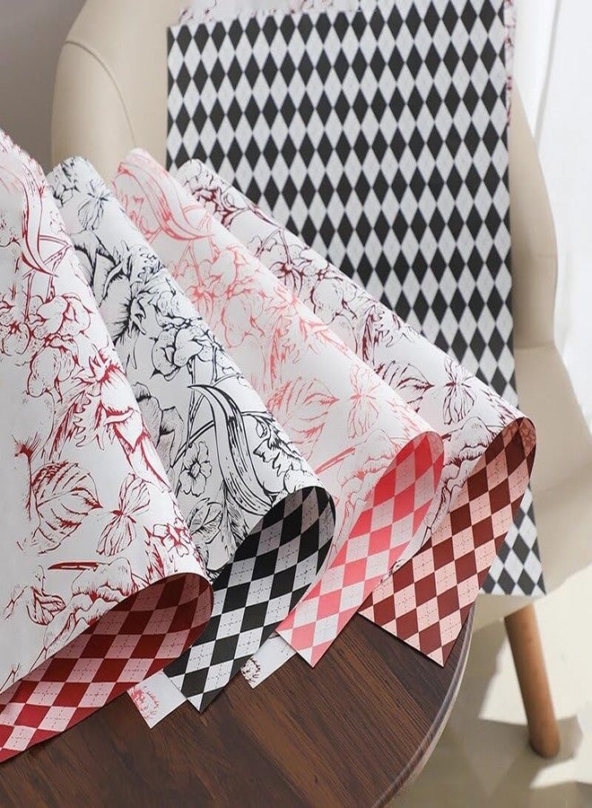 اويسيس أوراق تغليف باقات أواسيس - أوراق تغليف كورية مقاومة للماء لتنسيقات الزهور وسلال الهدايا والأعمال اليدوية - 20 ورقة، 58 × 58 سم، مطبوعة على الوجهين بنقشة زهور حمراء ومربعات - Image 4